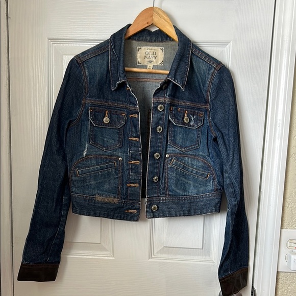 Y2K Special Edition Old Navy Women's Blue Denim Jacket cropped leather cuff med - Picture 1 of 14